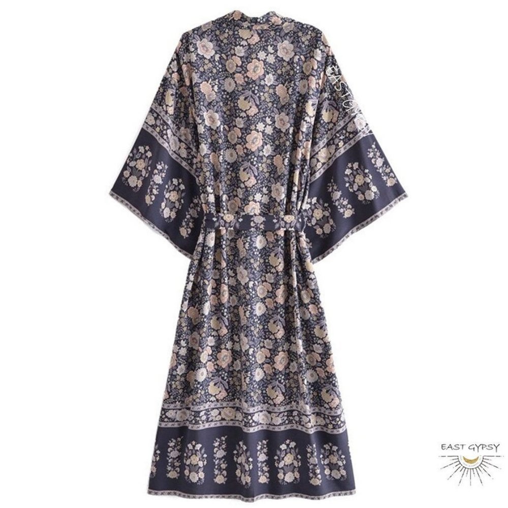 Starless Night Floral Blossom Boho Kimono Robe